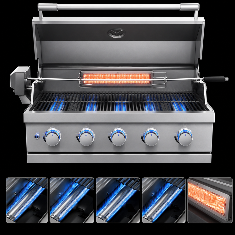 Product image #3 for Outdoor Propane BBQ Grill/Charbroiler with 5 Burners, Infrared Rear Burner, and Rotisserie Kit