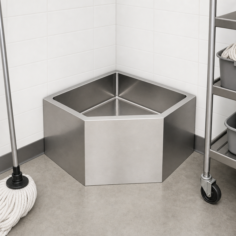 Product image #3 for Eagle Corner Floor-Mounted Mop Sink with Flush Edge, Full Skirt, 21 x 21 x 8-Inch Fabricated Bowl, 304 Stainless Steel
