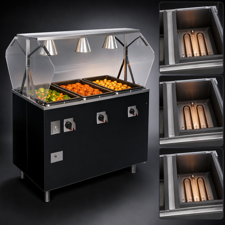 Product image #3 for 2-Series Affordable Portable™ 3-Well Open Well Mobile Hot Food Station with Buffet Breath Guard, Lights, and Enclosed Storage Base, Black, 120V