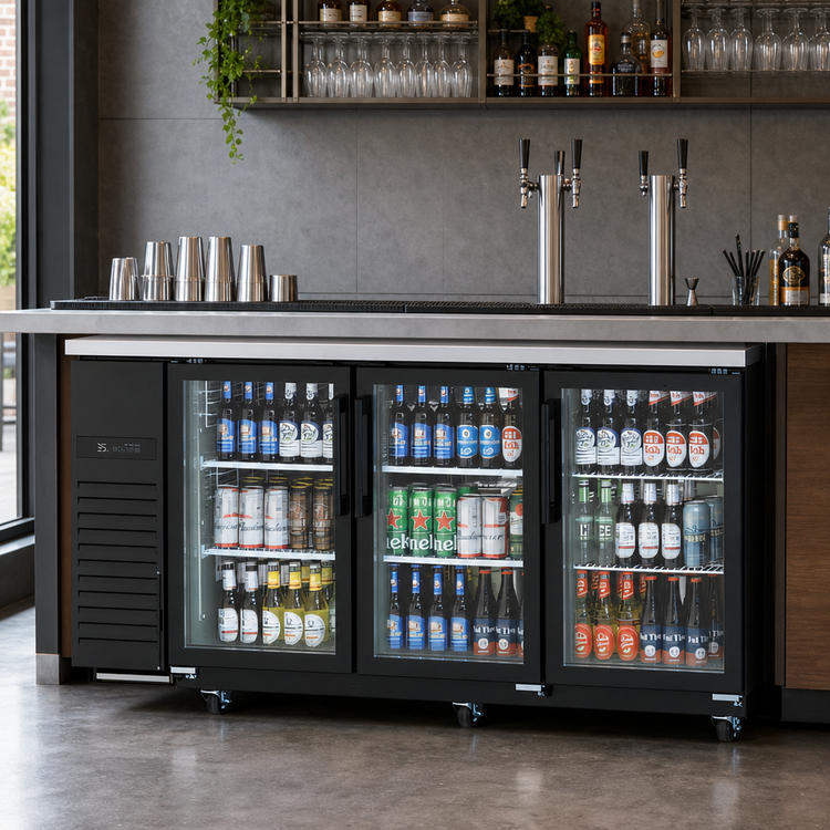 Product image #3 for Turbo Air Super Deluxe Narrow Back Bar Cooler with 3 Glass Doors, 20.62 Cu. Ft., Self-Contained Side-Mount