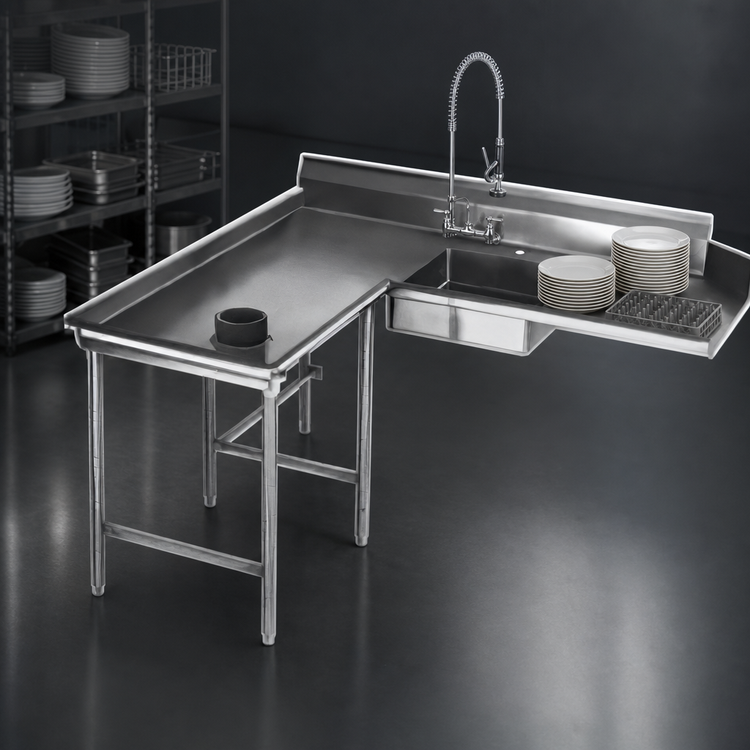 Product image #3 for Island-Design Left-Hand Soiled Dishtable with Pre-Rinse Sink, 120-Inch Machine Side, 60-Inch Return, 30-Inch Depth, 16 Gauge 304 Stainless Steel