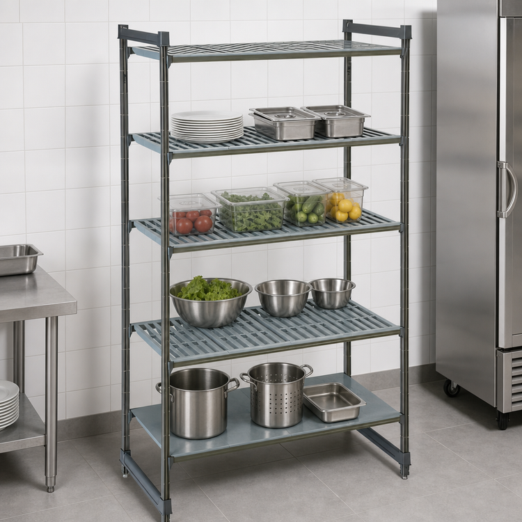 Product image #3 for Cambro Camshelving Basics Plus 5-Tier Stationary Starter Unit, 21 x 30 x 84 Inches, 4 Vented + 1 Solid Shelf Plates, Brushed Graphite