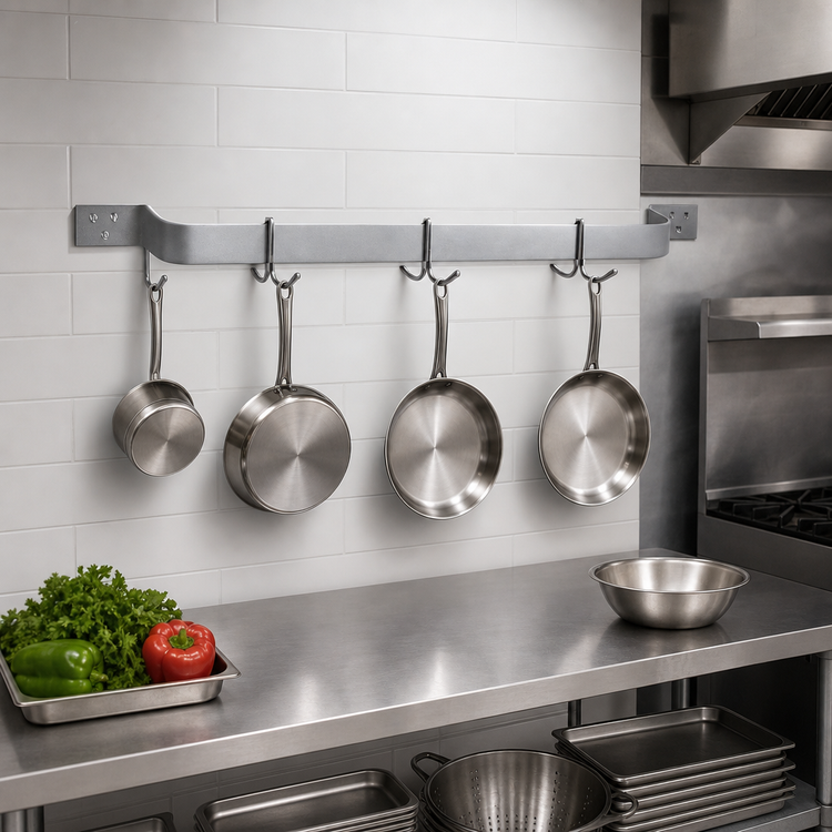 Product image #3 for Eagle Group 60 Inch Aluminum Wall Mount Single-Bar Pot Rack with 5 Double-Prong Hooks