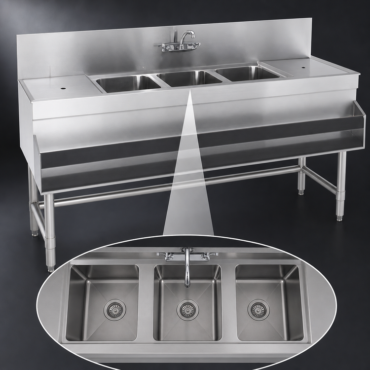 Product image #3 for Eagle Group Spec-Bar 3-Compartment Underbar Sink Unit with Left & Right Drainboards, 72 x 24 x 37 Inches