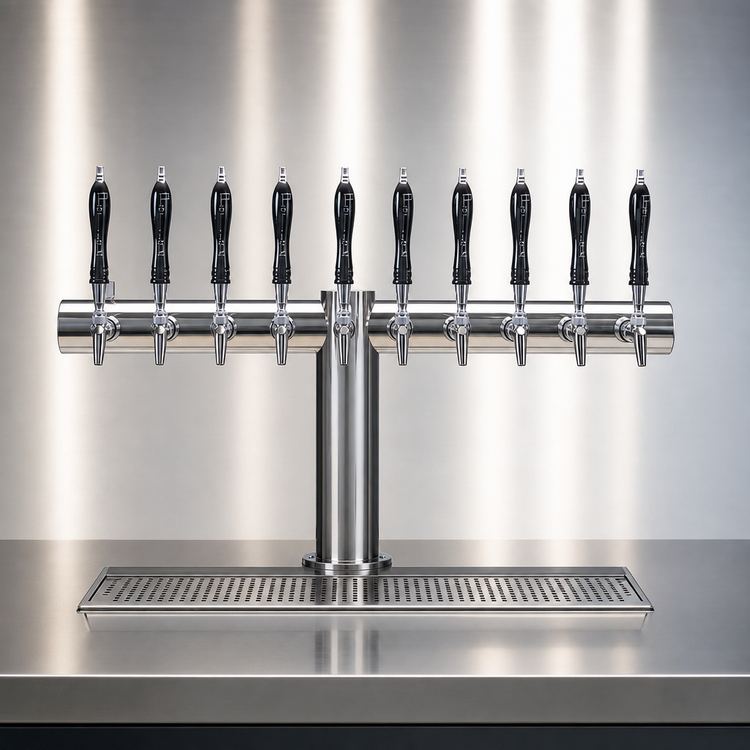 Product image #3 for Perlick Avenue 10-Faucet T-Pipe Glycol-Cooled Countertop Draft Beer Tower, Stainless Steel