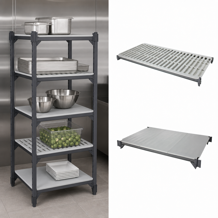 Product image #3 for Cambro Camshelving Basics Plus 18" x 48" 5-Shelf Stationary Shelf Kit with Vented and Solid Shelf Plates, Brushed Graphite