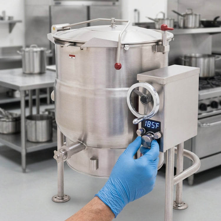 Product image #2 for Crown ELT-80 80 Gallon Electric 2/3 Jacketed Tilting Kettle with Tri-Leg Base