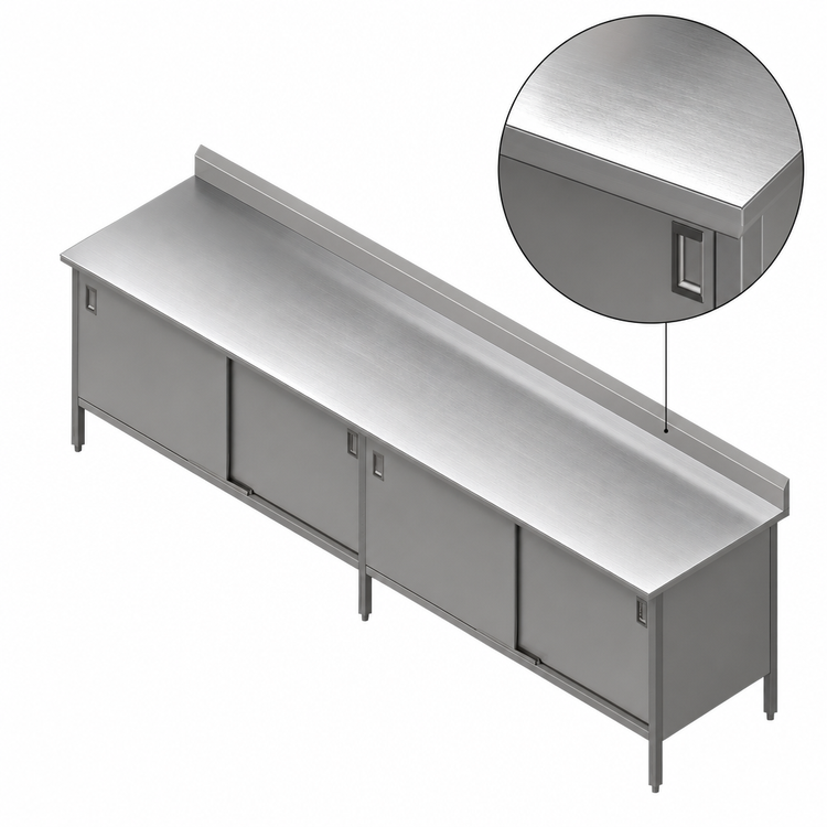 Product image #3 for John Boos Enclosed Base Work Table with Sliding Doors, 132 in. W x 30 in. D, 16-Gauge 300 Series Stainless Steel Top, 5 in. Backsplash