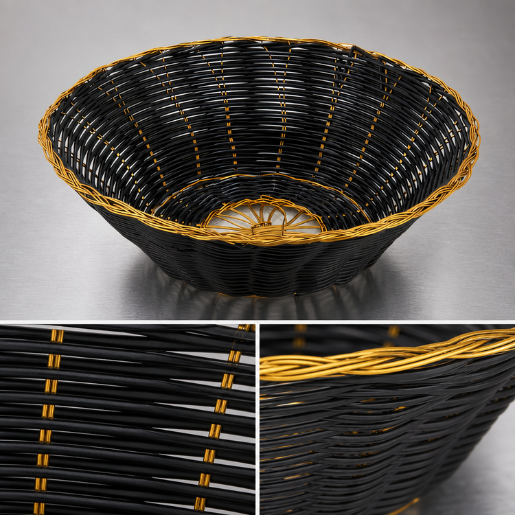 Product image #3 for Winco Round Black and Gold Woven Poly Fast Food Basket, 8-1/2 Inch Diameter x 2-1/4 Inch High