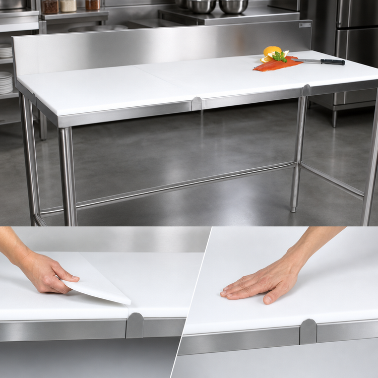 Product image #3 for John Boos 120-Inch Poly Top Trimming Table with 6-Inch Backsplash and Stainless Steel Base