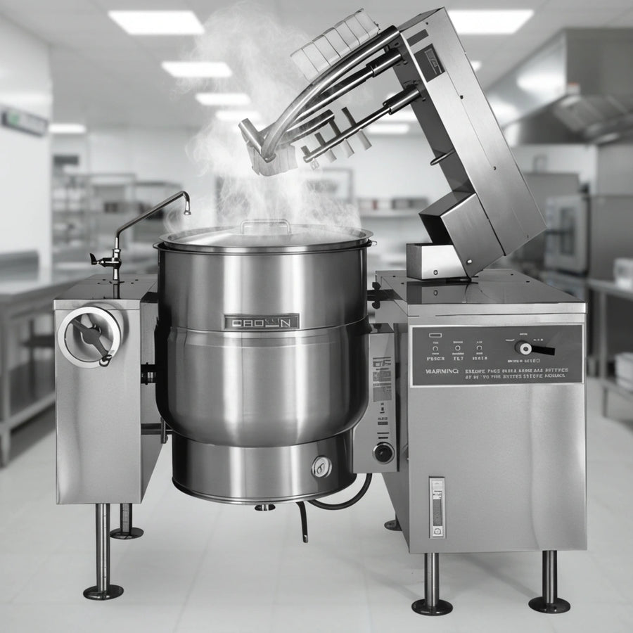 This electric tilting mixer kettle efficiently cooks with its integrated self-generating steam, eliminating the need for external steam lines.