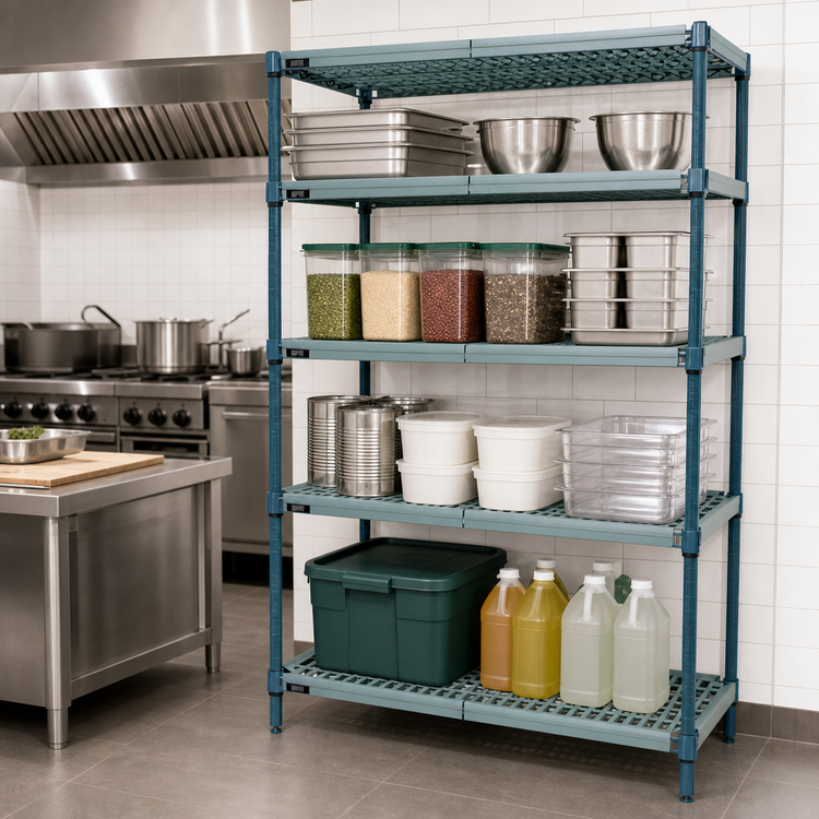 Product image #3 for Quantum 4-Tier Stationary Wire Plastic Mat Shelving Unit, 60-Inch W x 18-Inch D x 86-Inch H, Green Epoxy Antimicrobial Finish