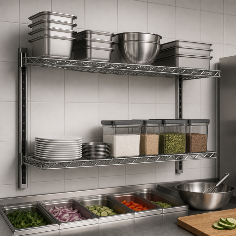 Product image #3 for Eagle Group 48 Inch x 12 Inch Stainless Steel Cantilever Wire Shelf with 1 Inch Wraparound Ledge