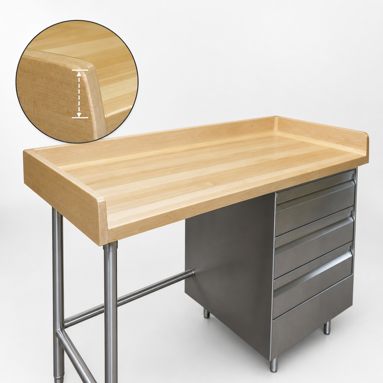 Product image #3 for Advance Tabco Bakers' Table with 1-3/4 Inch Wood Top, 4 Inch Rear and Side Splash, and 3-Tier Right Drawers