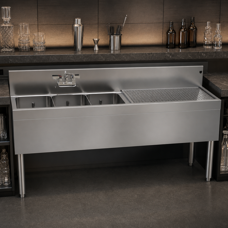 Product image #3 for Glastender Three-Compartment Underbar Sink Unit with Right Drainboard, 66" W x 19" D (TSA-66L-S)