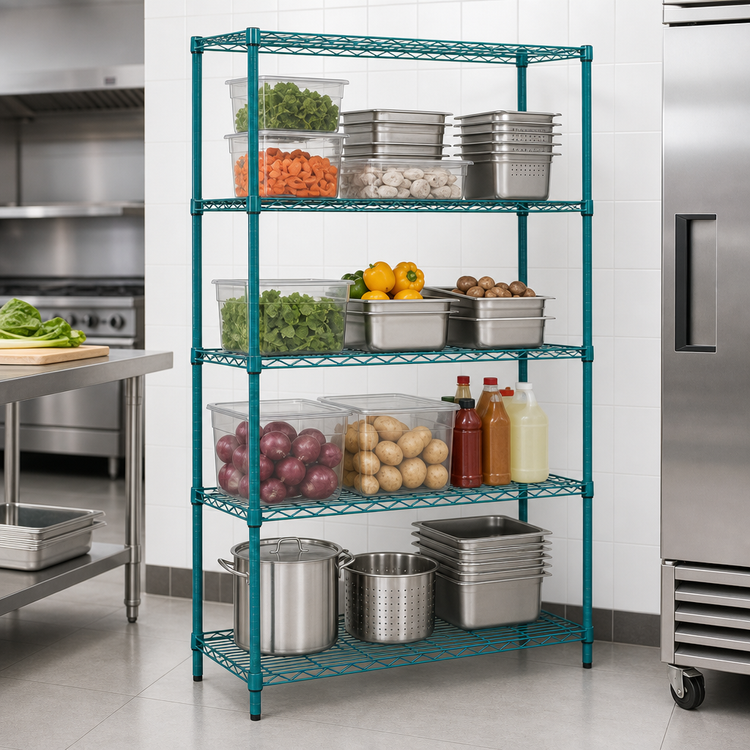 Product image #3 for Quantum 4-Tier Stationary Wire Shelving Unit, 48 x 24 x 72 Inches, Green Epoxy Antimicrobial Finish