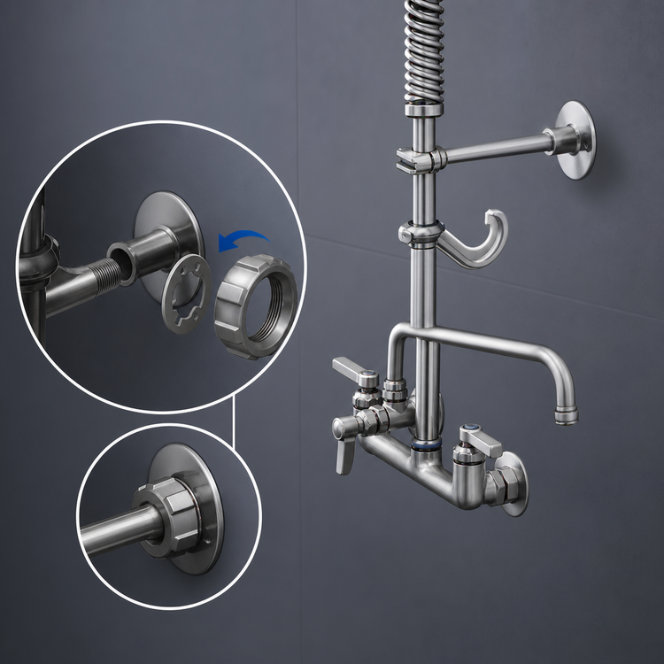Product image #3 for T&S Brass EasyInstall 8-Inch Wall-Mount Pre-Rinse Unit with 12-Inch Swing Nozzle and Add-On Faucet