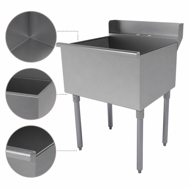 Product image #3 for Advance Tabco Square Corner 1-Compartment Scullery Sink, 24" x 21" Bowl, 14" Deep, 16-Gauge 430 Stainless Steel