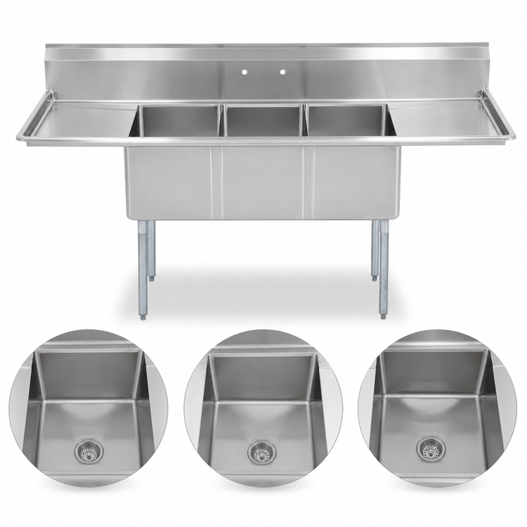 Product image #3 for BK Resources Economy 3-Compartment Stainless Steel Sink with Dual Drainboards and Galvanized Legs, 90-Inch