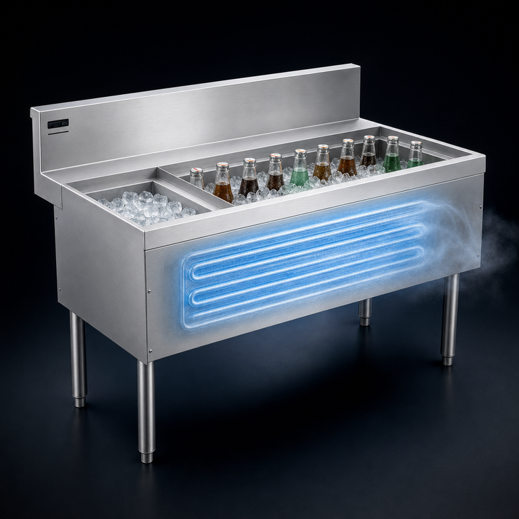 Product image #3 for Advance Tabco Prestige Supreme 48-Inch Stainless Steel Underbar Ice Chest with 10-Circuit Cold Plate and Left Bottle Rack