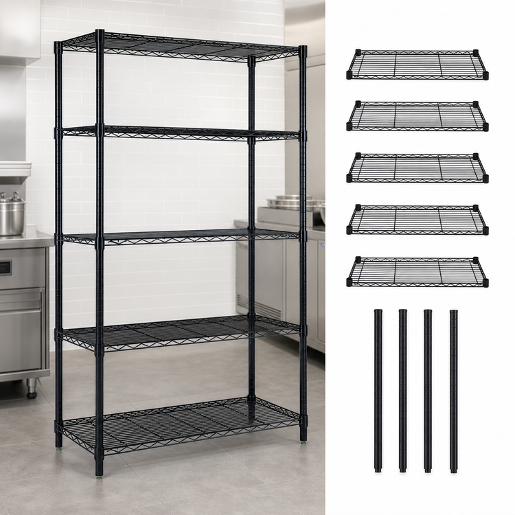 Product image #3 for Quantum Stationary Wire Shelving Starter Kit with 5 Shelves, 72W x 30D x 63H, Black Epoxy Antimicrobial Finish