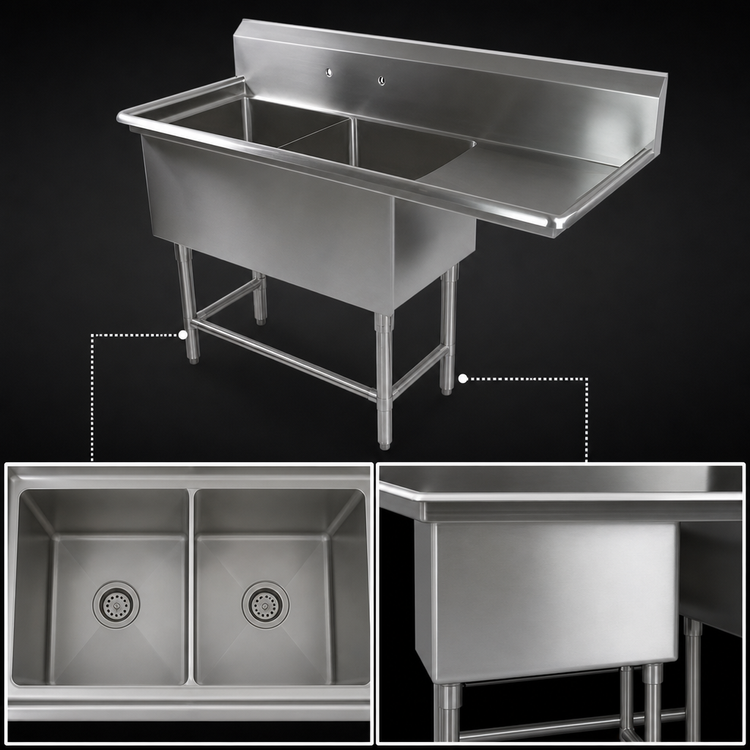 Product image #3 for John Boos Pro-Bowl 2-Compartment Stainless Steel Commercial Sink with Right-Hand Drainboard, 58-3/16" W x 29-1/2" D x 44-1/16" H