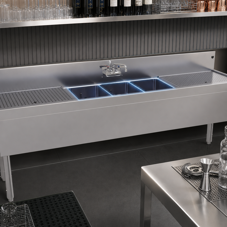 Product image #3 for Glastender 84-Inch Wide x 19-Inch Deep Three-Compartment Underbar Sink Unit with Dual Drainboards