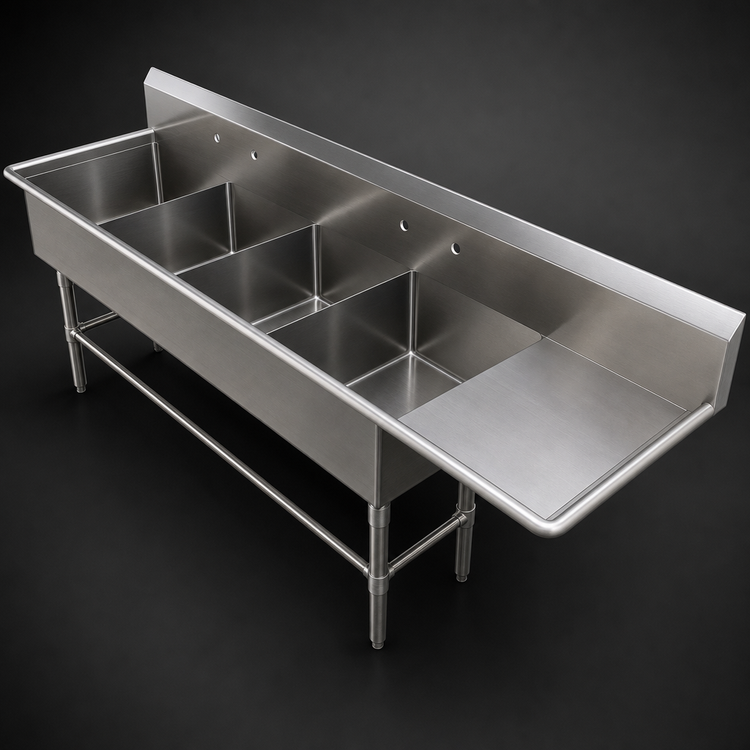 Product image #3 for John Boos Pro-Bowl 4-Compartment Stainless Steel Sink with Right Drainboard, 20" x 20" Bowls, 14" Deep