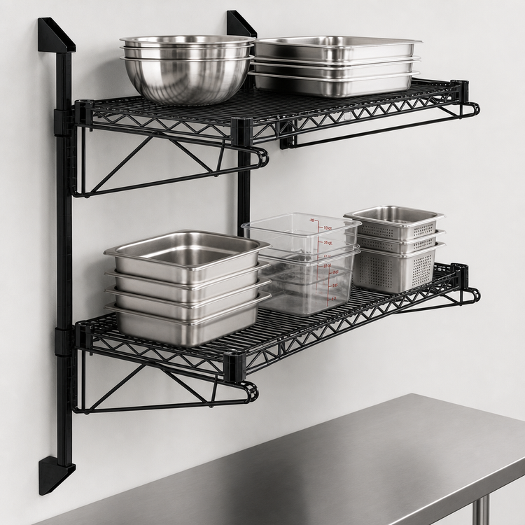 Product image #3 for Quantum Cantilever Double Shelf Wall-Mount Wire Shelving Unit, 48 x 18 Inches, with 34-Inch Posts, Black Epoxy Finish