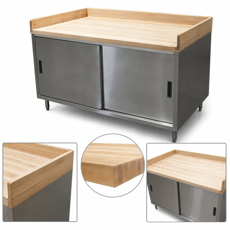 Product image #3 for Hard Maple Bakers Top Chef Table with Stainless Steel Cabinet Base and Sliding Doors, 48 x 30 x 39 Inches