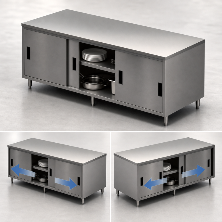 Product image #3 for BK Resources Dual Access Stainless Steel Chef Table Cabinet Base with Sliding Doors, 96 x 30 x 34-3/4 Inches