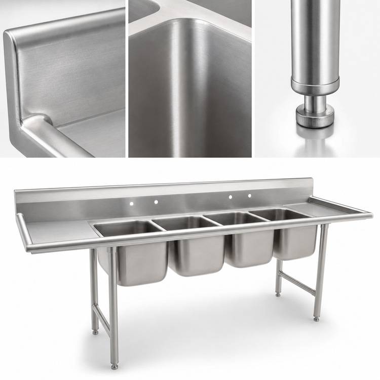 Product image #3 for Eagle Group 314-18-4 4-Compartment Coved Corner Sink, 24 x 18 Inch Bowls, No Drainboards, 304 Stainless Steel