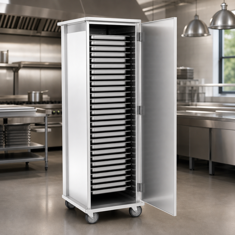 Product image #3 for Unheated Enclosed Pan Storage Cabinet with Hinged Solid Doors, 31-Tray Capacity, Aluminum, 5-Inch Casters
