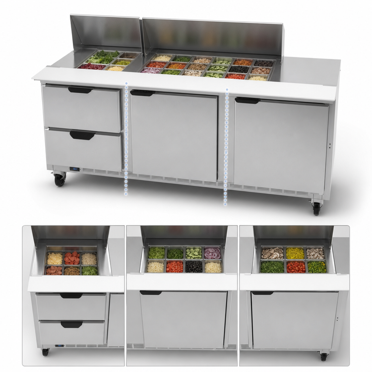 Product image #4 for Beverage-Air 72-Inch Three-Section Mega Top Refrigerated Prep Table with 18-Pan Top, 2 Doors, and 2 Drawers