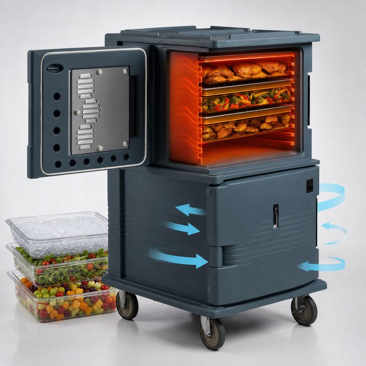 Product image #4 for Cambro Ultra Camcart Heated Front-Loading Food Pan Carrier, Top Door Heated Only, 2-Compartment, 110V, Granite Gray