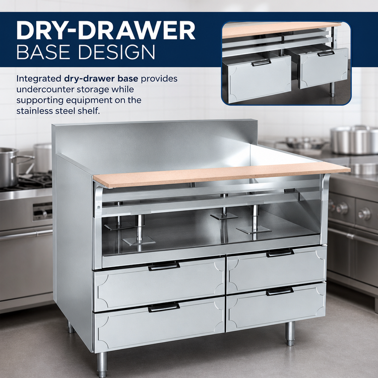 Product image #3 for La Rosa 90 Inch x 30-1/2 Inch Stainless Steel Dry-Drawer Equipment Stand with 4 Drawers and Richlite Cutting Board