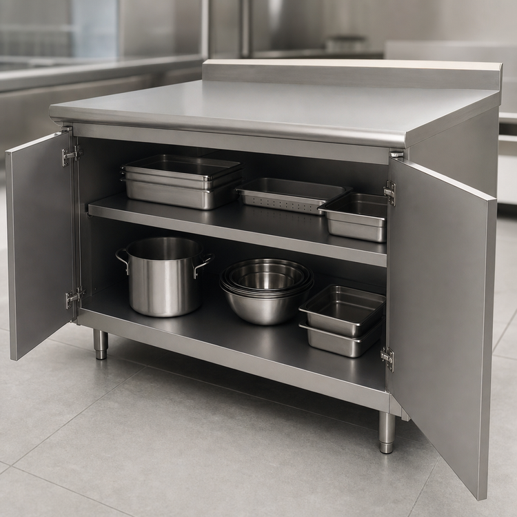 Product image #3 for Advance Tabco 144 Inch x 36 Inch Enclosed Work Table with Cabinet Base, Mid-Shelf, Hinged Doors, and 14 Gauge 304 Stainless Steel Top
