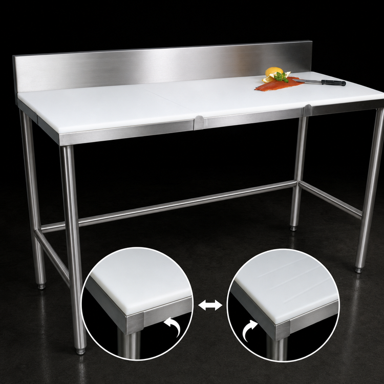 Product image #3 for John Boos TC101 72" x 30" Reversible Poly Top Trimming Table with 6" Boxed Backsplash and Stainless Steel Base