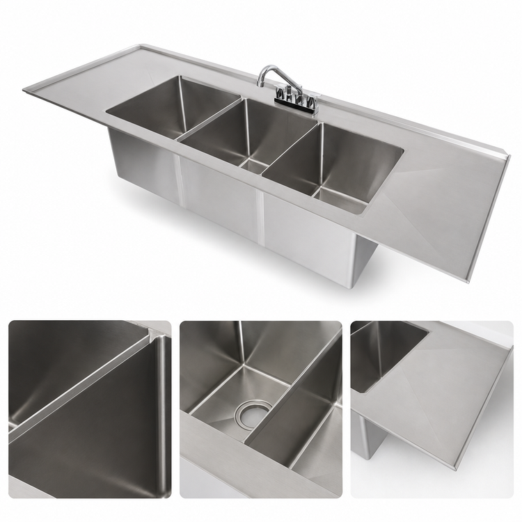Product image #3 for 75-Inch Three-Compartment Drop-In Stainless Steel Sink with Dual Drainboards
