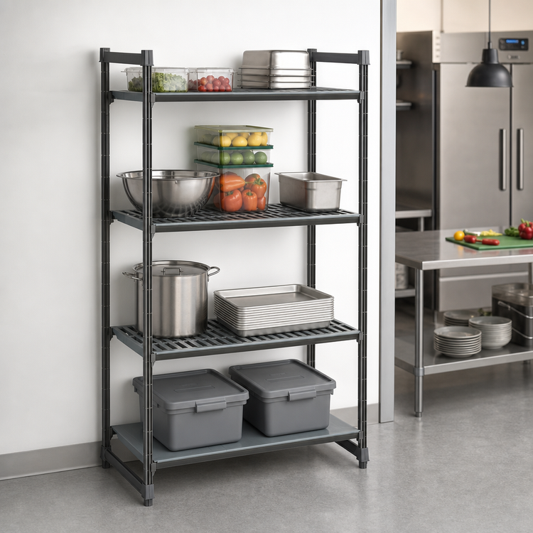 Product image #3 for Cambro Camshelving Basics Plus 4-Tier Stationary Polymer Shelving Starter Unit, 24 x 54 x 84 Inches, Brushed Graphite