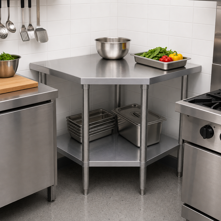 Product image #3 for Omcan Stainless Steel Corner Work Table with Undershelf, 30 x 30 x 34 Inches, 800 lb. Capacity