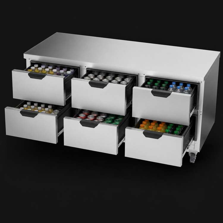 Product image #3 for Beverage-Air 72-Inch Three-Section Worktop Refrigerator with 6 Drawers and Flat Top