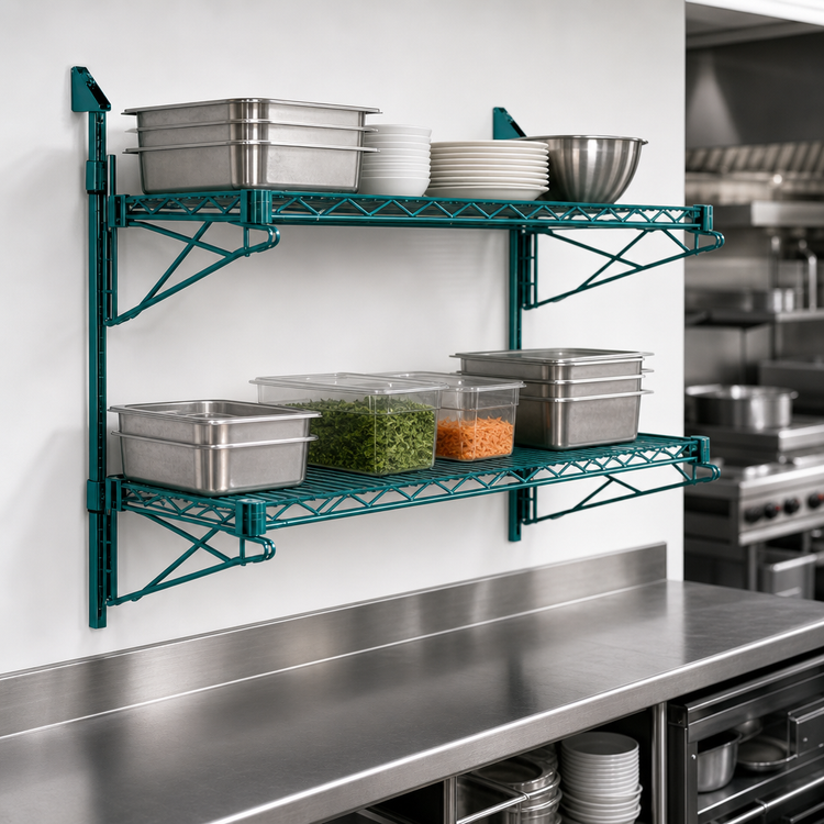 Product image #3 for Quantum Cantilever Double Shelf Wall-Mount Wire Shelving Unit, 72 x 24 Inches, Green Epoxy Finish