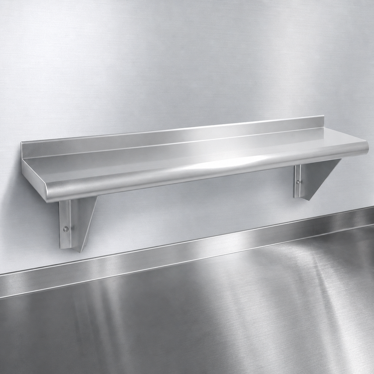 Product image #3 for Advance Tabco 108 Inch W x 10 Inch D Wall-Mounted Stainless Steel Shelf with Bullnose Edge, 16 Gauge, Satin Finish