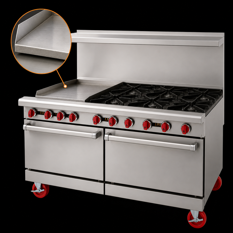 Product image #3 for American Range 60-Inch Gas Restaurant Range with 24-Inch Left Griddle, 6 Open Burners, Convection Oven and Standard Oven