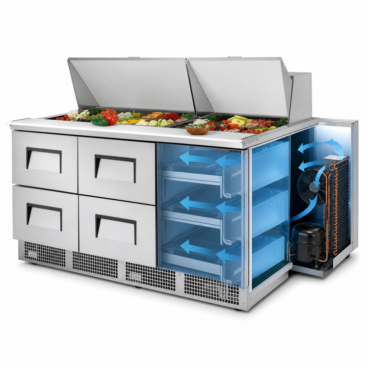 Product image #3 for True 72-Inch Three-Section Drawered Sandwich/Salad Prep Table with 30-Pan Top and 6 Drawers
