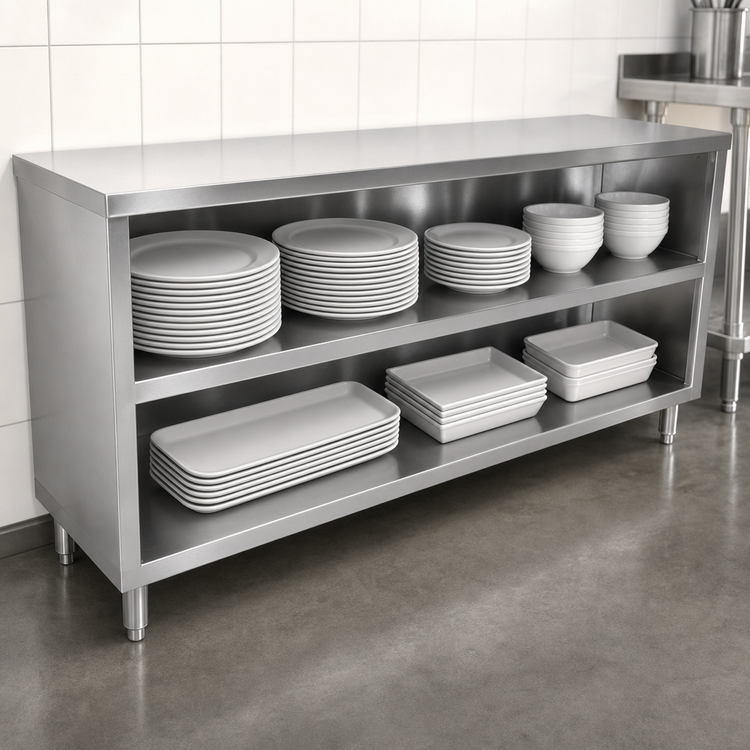 Product image #3 for John Boos 108-Inch Open-Front Stainless Steel Dish Cabinet with Open Base and Mid-Shelf