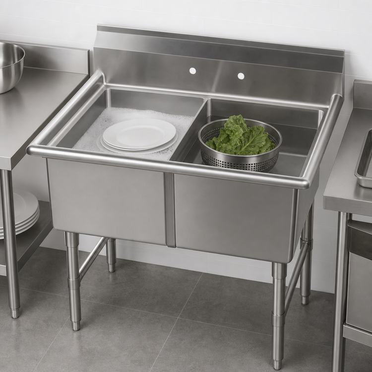 Product image #3 for Economy Two-Compartment 18-Gauge 304 Stainless Steel Sink with 9-Inch Backsplash