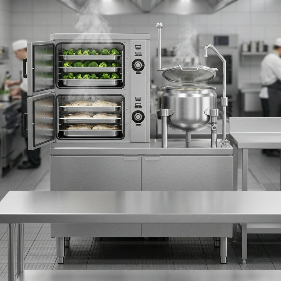 This dual-compartment convection steamer allows for simultaneous steaming of different items, maximizing kitchen efficiency.