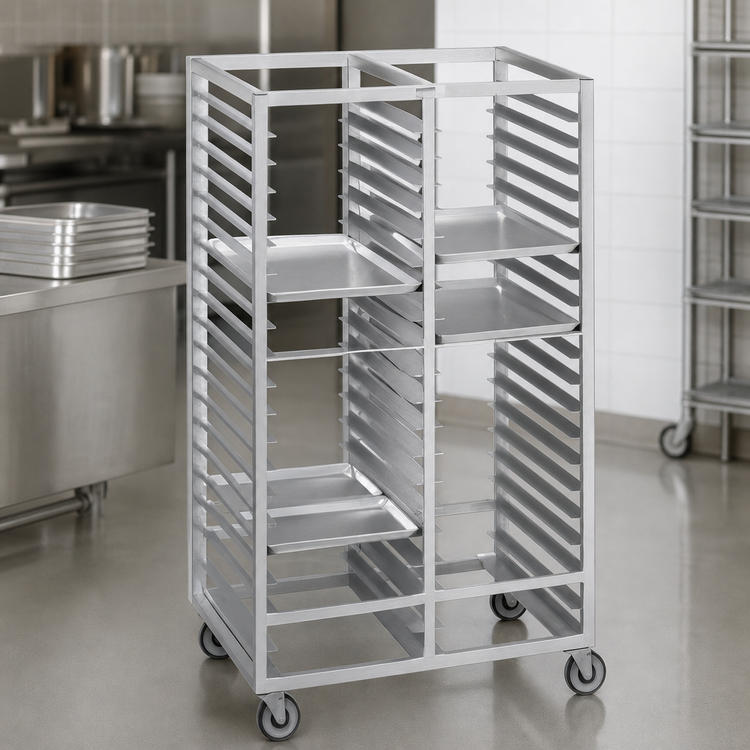 Product image #3 for Channel Manufacturing Aluminum Double-Section Cafeteria Tray Rack for 18 x 26 Trays, Side-Load, 24-Tray Capacity, 41 x 26 x 70 Inches